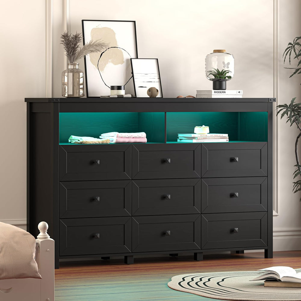 Xixini Dresser for Bedroom with 9 Drawers, LED Lights, Power Outlet, Black