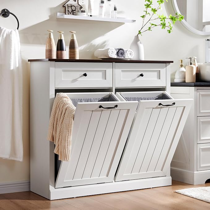Double Tilt Out Laundry Hamper Cabinet, 20 Gallon Farmhouse Trash Can Cabinet by IFBUYFarmhouseFurniture