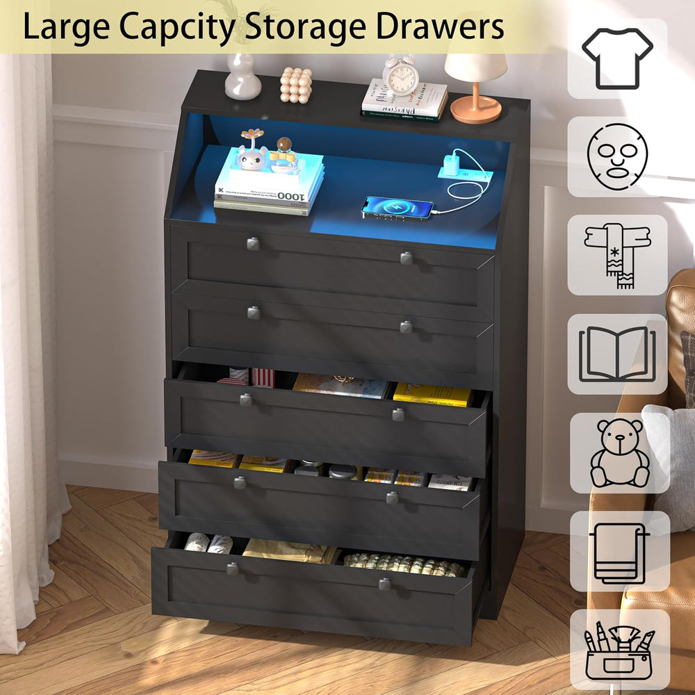 Black Dresser Tall 5 Drawer Dresser for Bedroom, Wood Chest of Drawers with L...