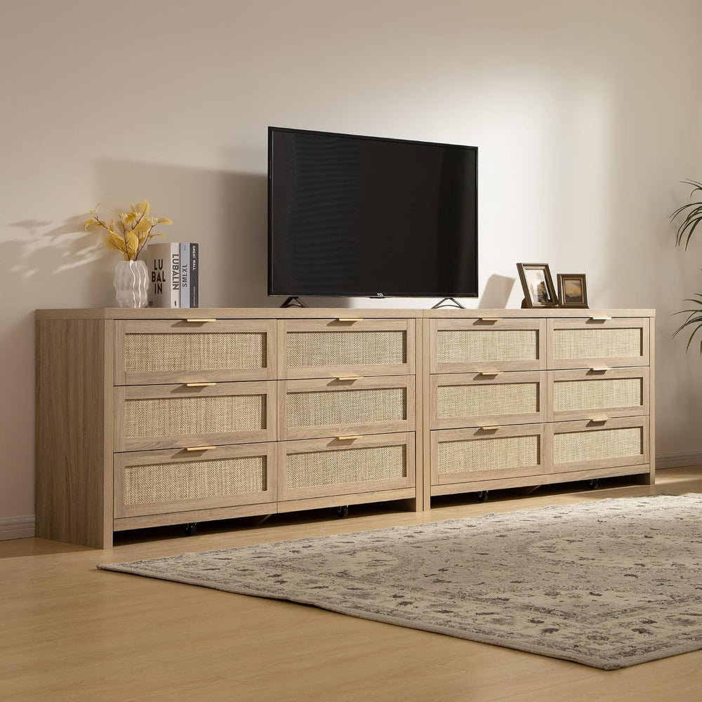 SICOTAS Rattan Dresser for Bedroom, 57" Wide 6 Drawer Dresser