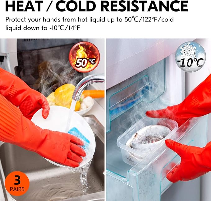 Vgo... 3-Pairs Dishwashing Gloves, Reusable Household Gloves, Long Sleeve - Image 5