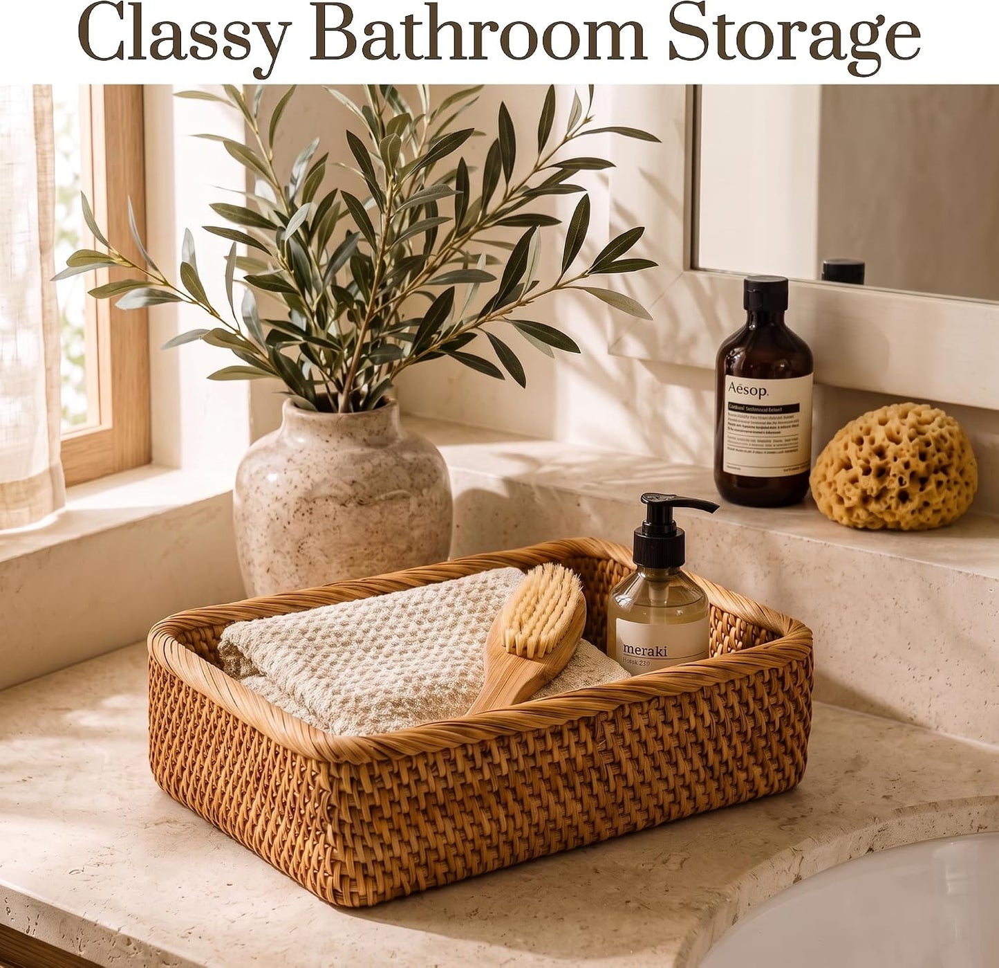 Yangqihome Natural Rattan Storage Baskets, Rectangular Woven Fruit Baskets, Decorative Wicker Basket and Small Baskets for Organizing (Set of 3)