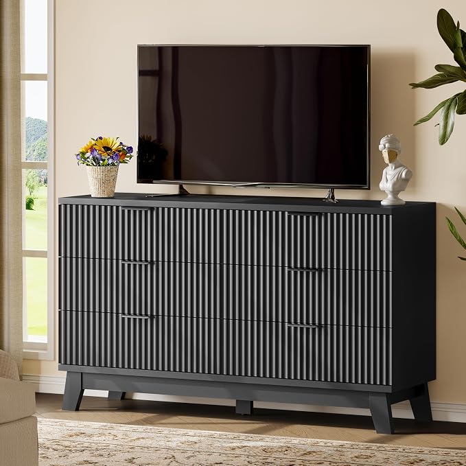 Fluted Dresser with 6 Drawers, Wooden Dresser TV Stand, Wood Closet Clothes - Image 7