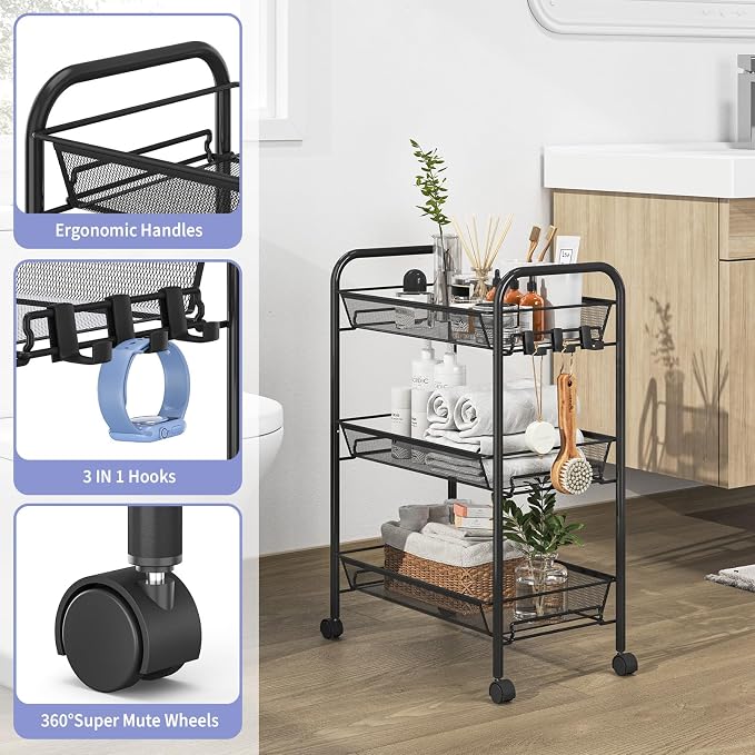 TOOLF 3-Tier Metal Rolling Cart, Mesh Wire Easy Assemble Utility Cart, Storage - Image 5