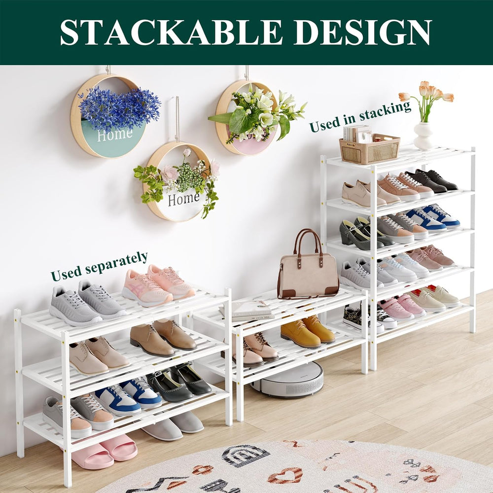 Smiry Bamboo Shoe Rack, 5 Horizontal Slats, 3 Tier - 26.8" Wide, White