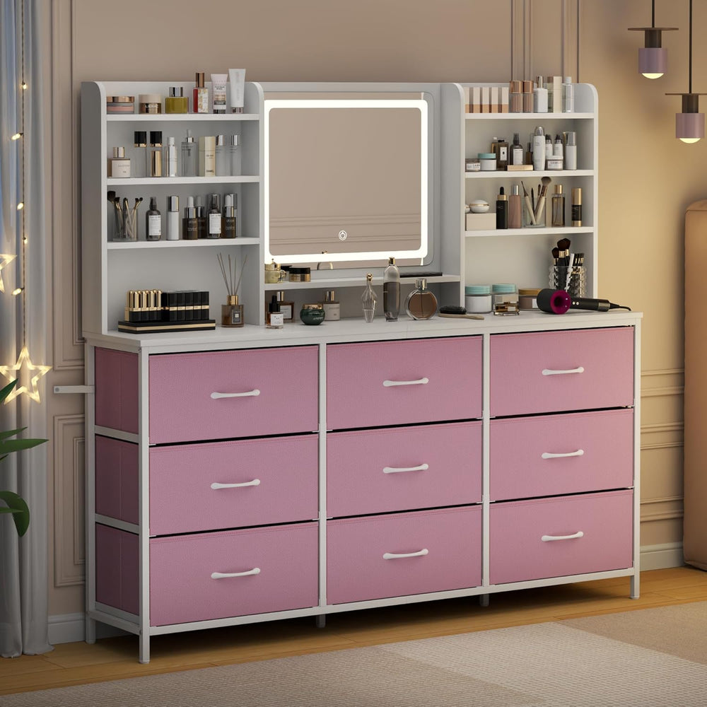 9 Drawers Dresser with LED Mirror for Bedroom, 59" W Chest of Drawers