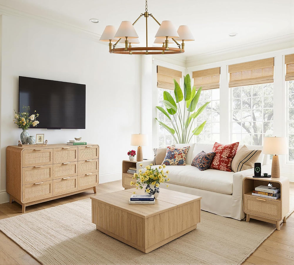 FORTUNETEC Rattan Dresser with Storage, Modern Farmhouse 9 Drawer Dresser, 55...