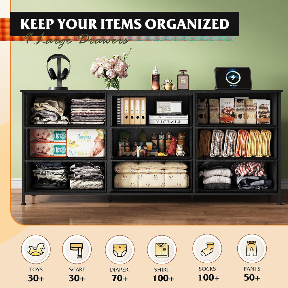 WLIVE Dresser TV Stand for 75 Inch TV, 9 Drawer Dresser for Bedroom, Black