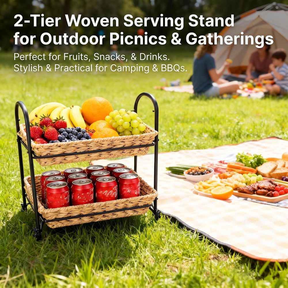 2-Tier Faux Rattan Wicker Storage Basket with Metal Frame, Countertop Organiz...