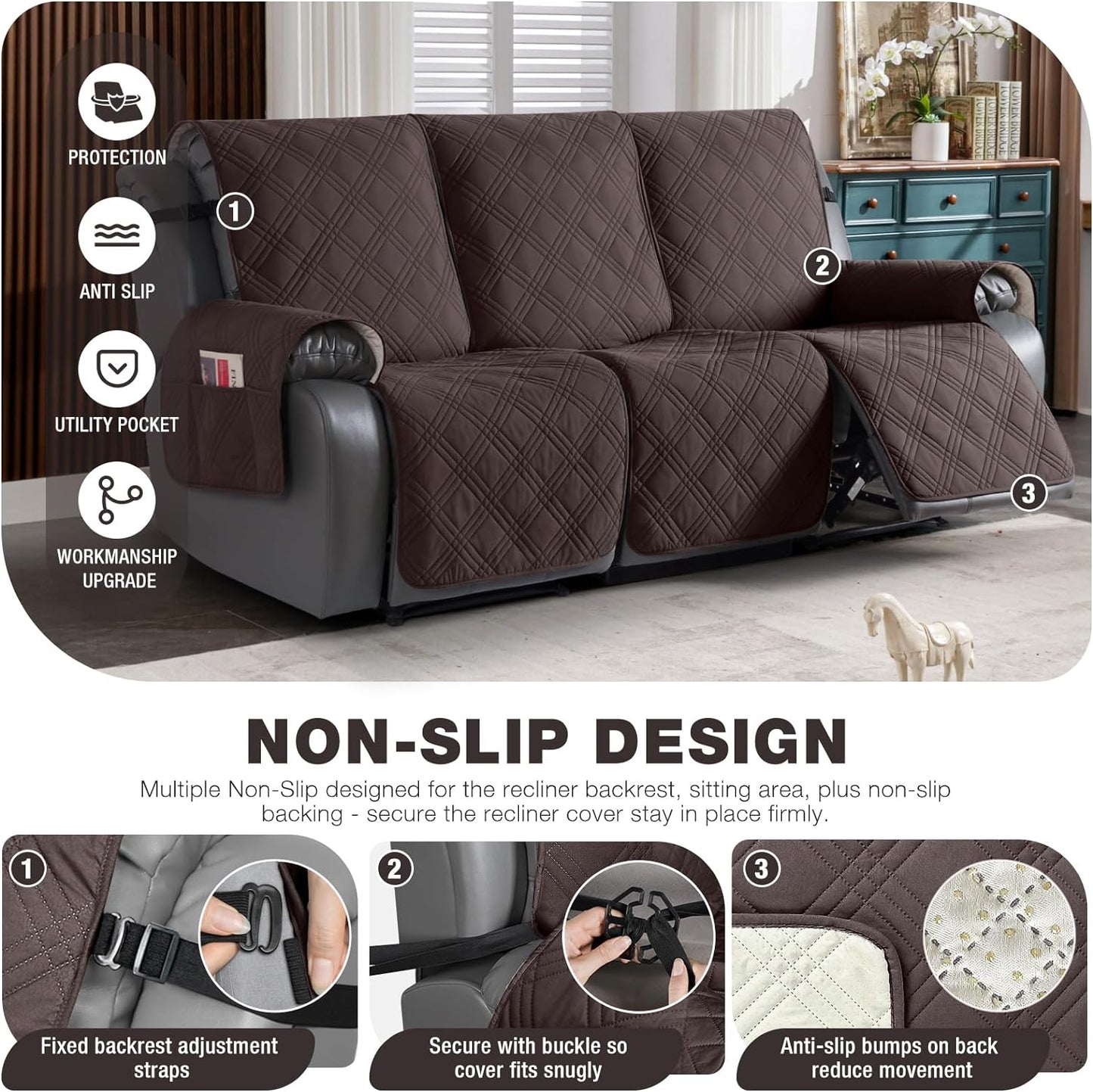 TAOCOCO 100% Waterproof Recliner Sofa Cover Non Slip Couch Cover for 3 Seat Reclining Sofa, Split Reclining Couch Covers 3-Piece with Straps, Washable Sofa Slipcover for Kids Pets(3 Seater, Chocolate)