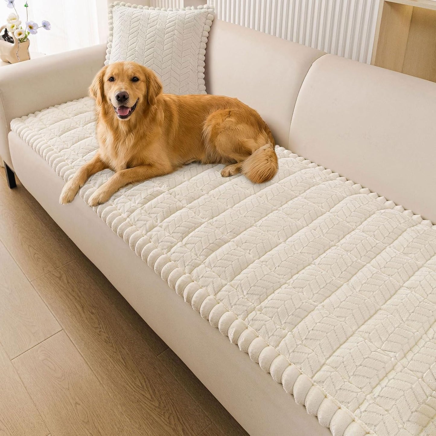 Smiry Couch Cover for Dogs, Non Slip Fuzzy Pet Sofa Covers Washable for 2-3 Cushion Couch, Soft Thick Furniture Protector for Cats Dogs, Against Fur, Dirt, Scratch Resistant (Beige, 27.6"x59")