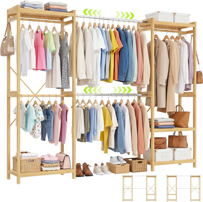 Homykic Bamboo 74"-88" Expandable Clothing Rack with 5 Hang Rods, 5 Shelves