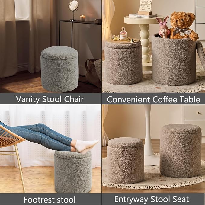 Round Ottoman with Storage Set of 2-Upholstered Sherpa Vanity Stool - Image 5