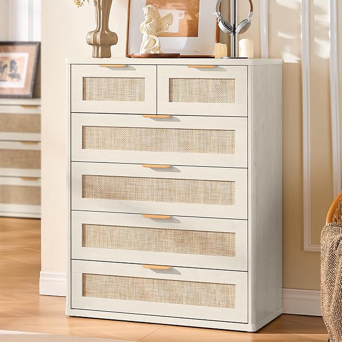 LEYAOYAO White Dresser for Bedroom Set of 2, Modern 6 Drawers Boho Rattan - Image 3