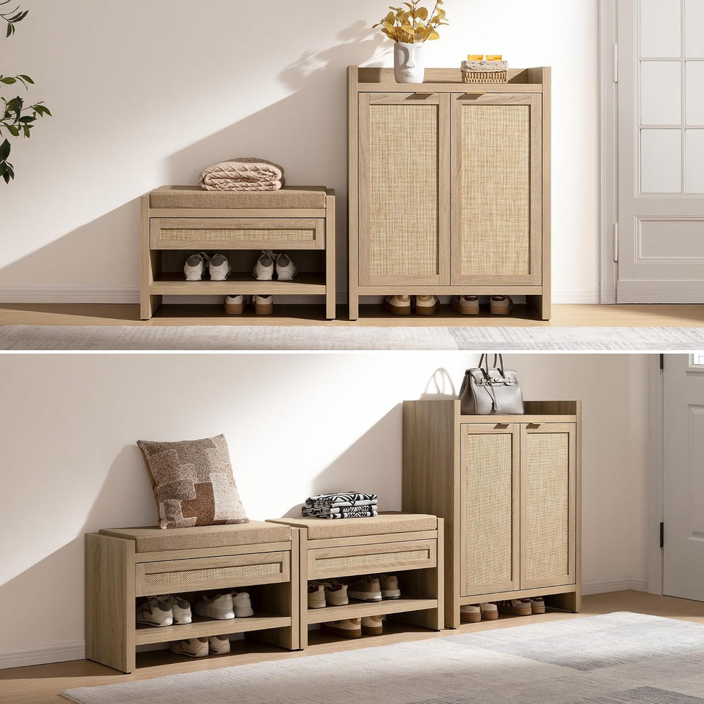 SICOTAS Rattan Shoe Bench Entryway Bench with Storage Drawer, Linen Cushion