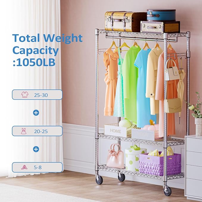 IZEUK 3 Tier Heavy Duty Rolling Garment Rack Wire Clothes Rack - Image 3