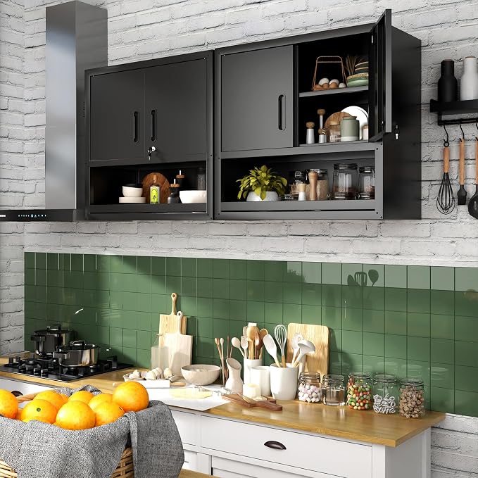 Garage Wall Cabinet with Doors and Shelves, Wall Mounted Metal Storage Cabinet