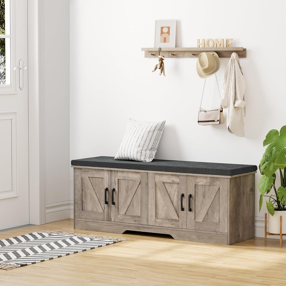 HOMSHO Farmhouse Shoe Storage Bench with 4 Barn Doors & Padded Seat Cushion