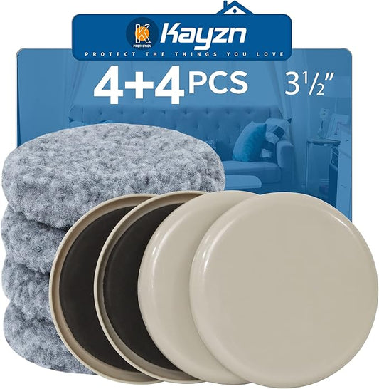 Furniture Sliders, 4 Pack 3 1/2" Moving Pads and 4 Hardwood Socks, Slide by Kayzn
