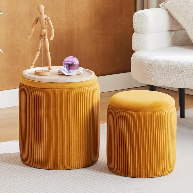 Round Ottoman with Storage Set of 2-Upholstered Velvet Vanity Stool by HomePage