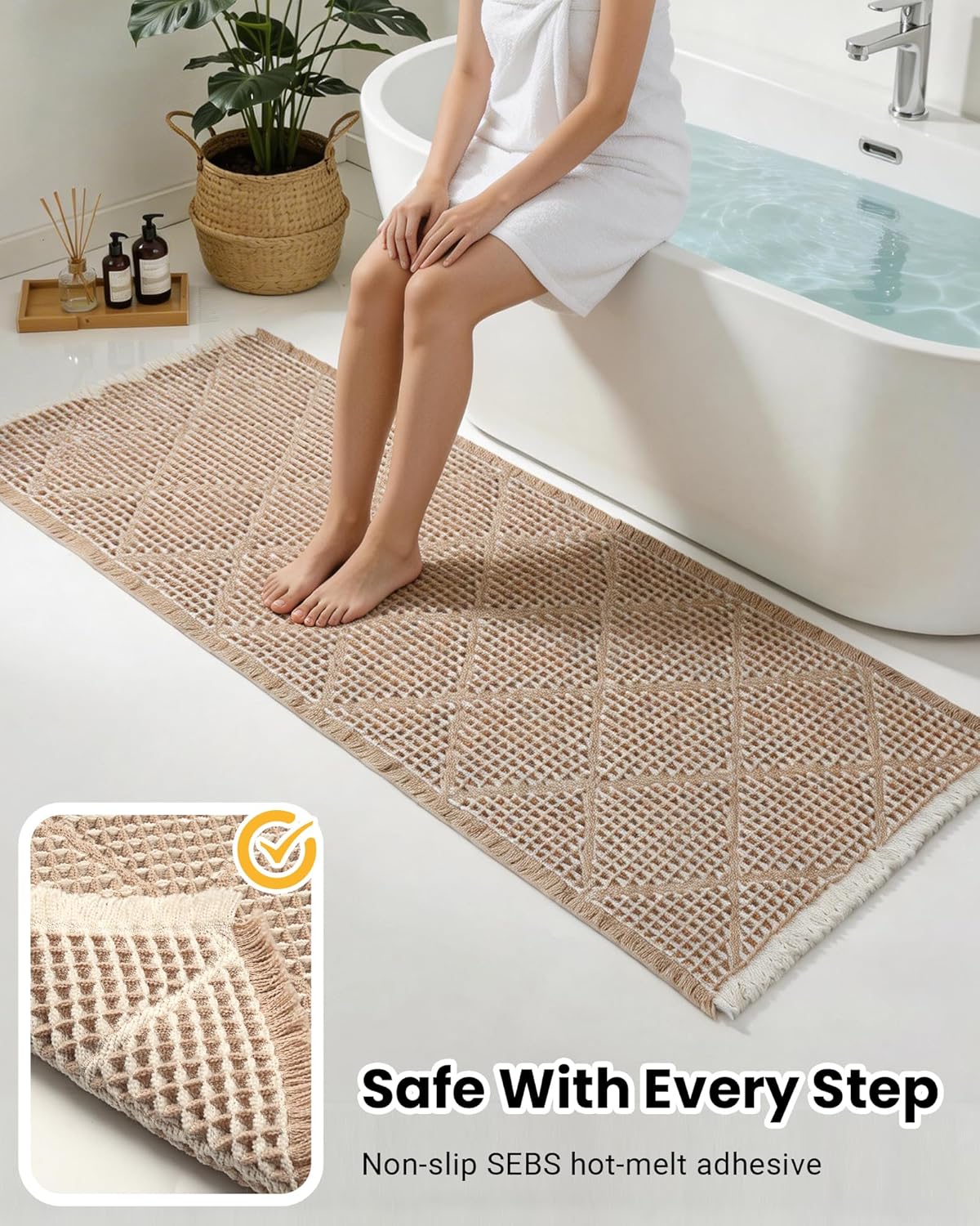 Large Bathroom Rugs 2' x 6', Long Runner Rug Waffle Bath Mat for Kitchen Rugs, Absorbent and Washable Bathroom Mat for Laundry Room, Soft Boho Runner Decor, Entryway Hallway Runner Rug No Slip
