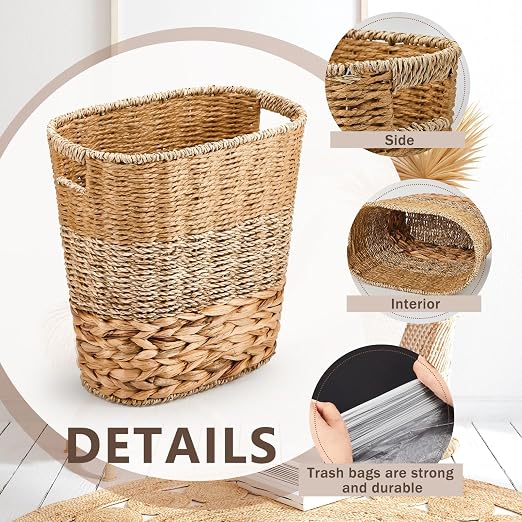 2 Pcs Wicker Trash Can with 50 Small Trash Bag Wicker Waste Woven Basket with - Image 4