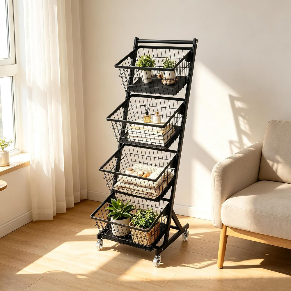 4-Tier Kitchen Storage Cart with 4 Baskets and Wheels, Black