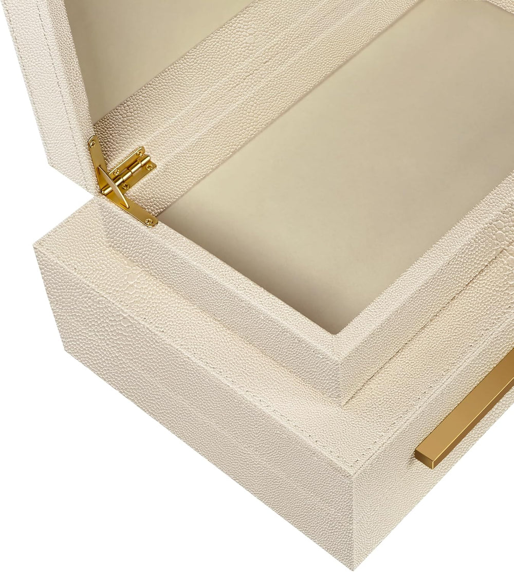 Sagala Set of 2 Beige Shagreen Decorative Boxes With Gold Metal Handles, Faux...