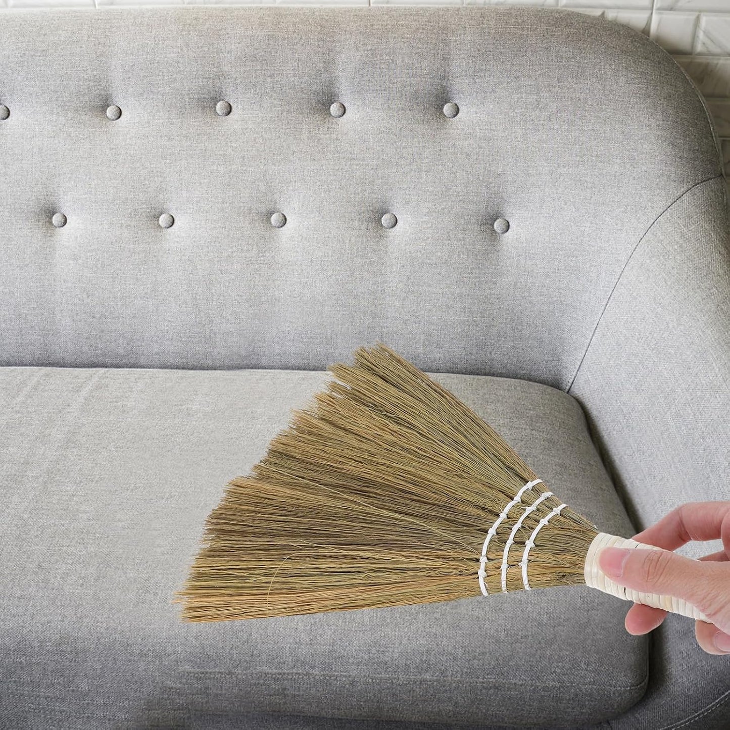 STOBAZA Handheld Small Soft Straw Broom 20x28cm with White Handle, Handmade Asian Straw Whisk Broom for Indoor Dust Removal and Pet Hair Cleaning