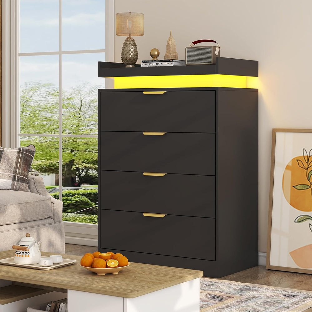 UNIQUITE Black Dresser with LED Lights and Power Outlet, Wooden 4 Drawer Dres...