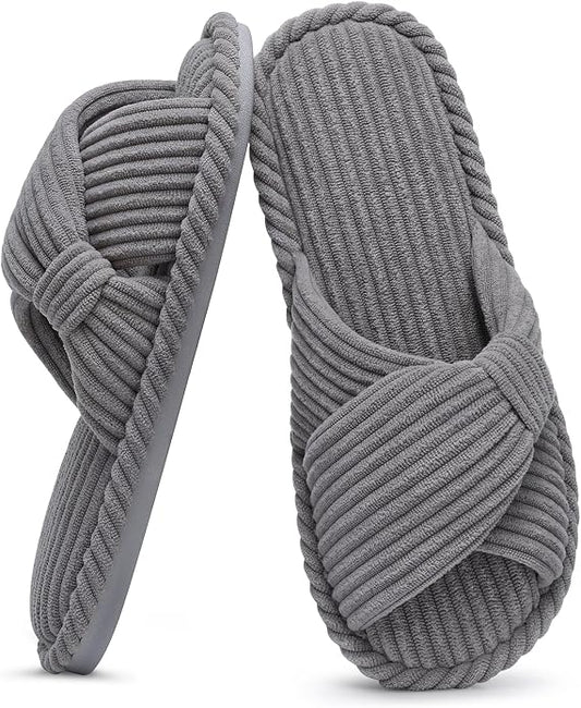 Evshine Summer House Slippers for Women Corduroy Cross Bow Indoor Slippers Open by Evshine