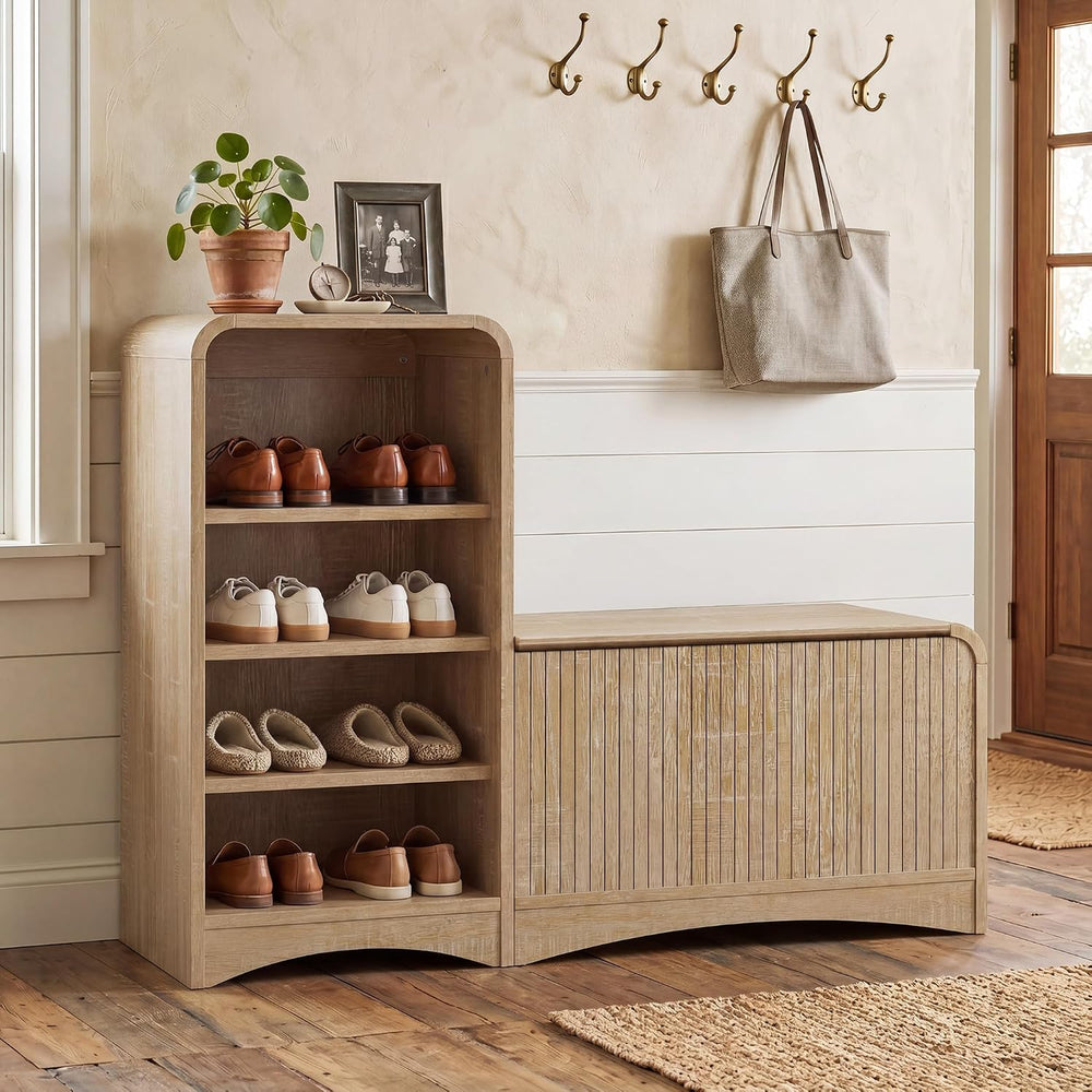 L-Shaped Flip-Open Shoe Storage Bench, Natural