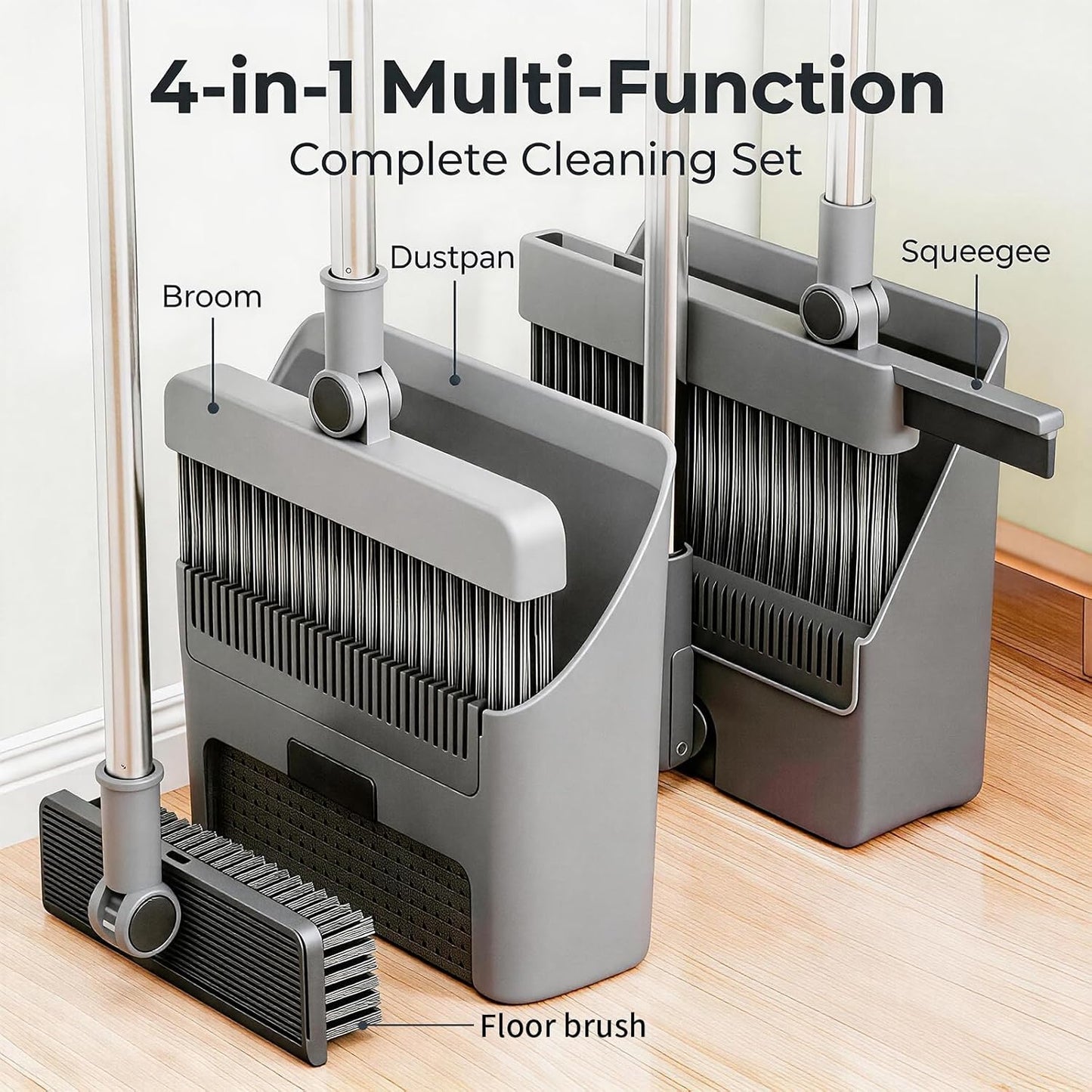 4-in-1 Broom with Dustpan Combo Set,180°Rotatable Stand-Up Broom, Detachable Floor Brush and Water Scraper, Foldable Storage for Household Cleaning and Pet Hair Removal