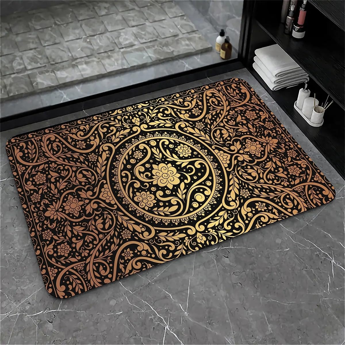 Bath Mat Rug,Black Gold Flower Non Slip Quick Dry Super Absorbent Thin Bathroom Rugs Fit Under Door-Easy to Clean Bathroom Floor Mats-Shower Rug for Shower Sink Bathtub(16" x 24"in)