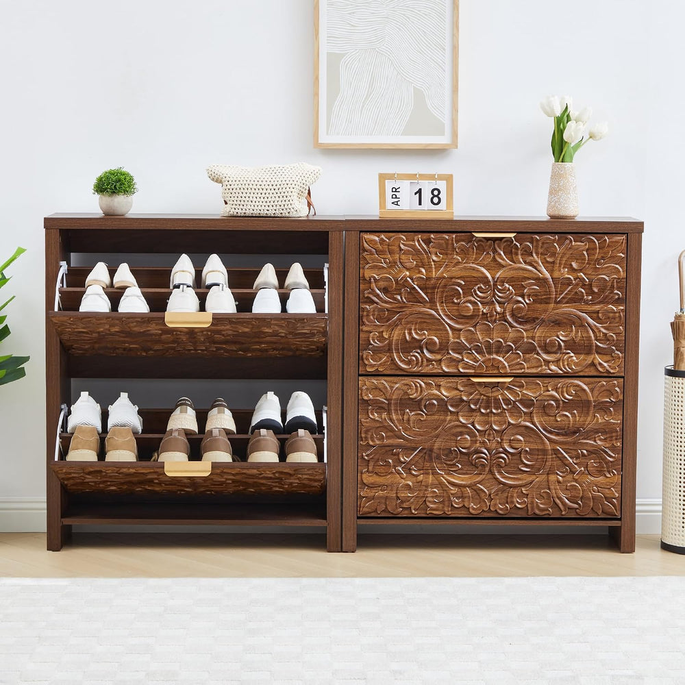 weselon Flip Drawer Shoe Cabinet Set of 2, Narrow Shoe Storage Cabinet, 2-Tie...