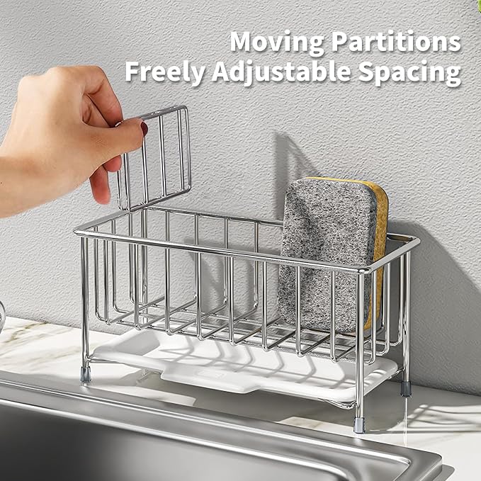 Kitchen Sink Sponge Holder, 304 Stainless Steel Soap Dispenser Caddy Organize - Image 3