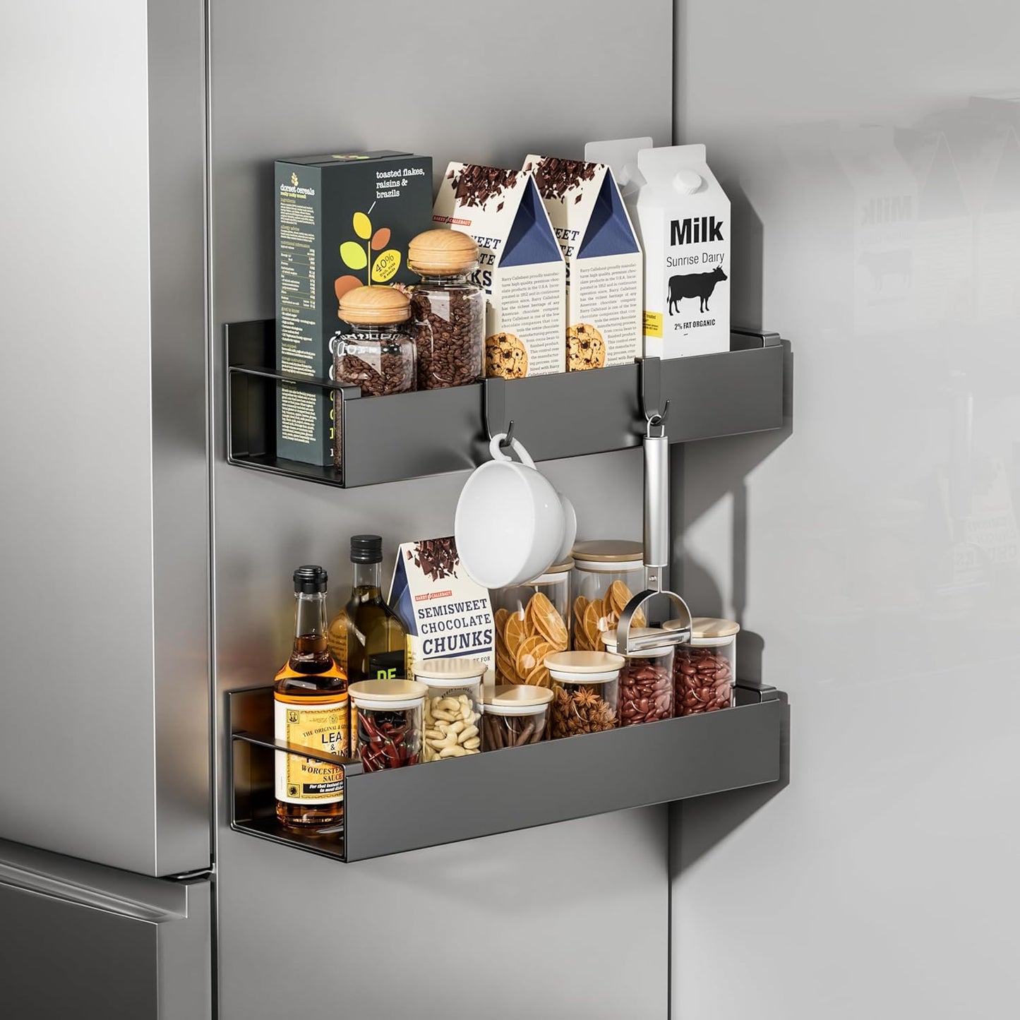 Magnetic Fridge Organizer, Spice Rack, Kitchen Organizers and Storage, Cabinet Organizer with Shelf, Pantry Organization for Countertop, Over the Door Storage with Detachable 2 Hooks