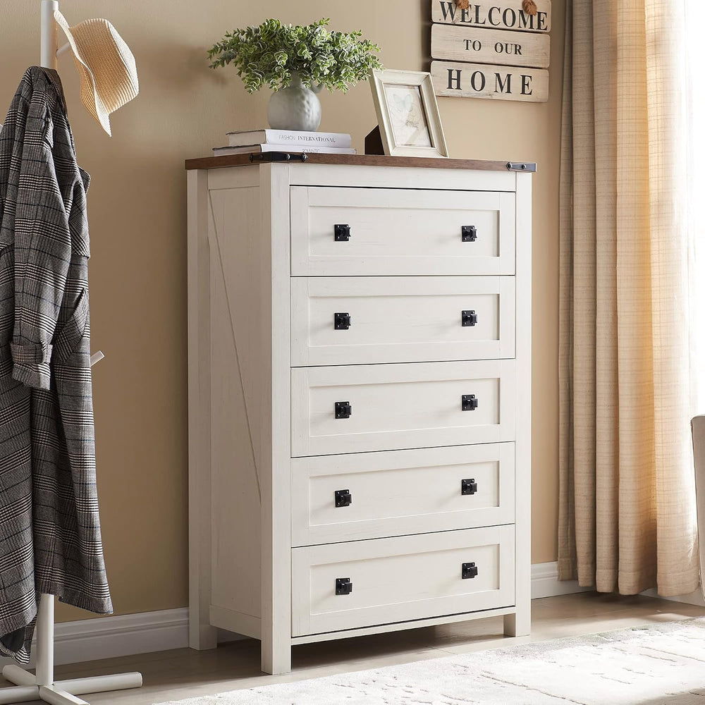 T4TREAM 48" Tall Farmhouse 5-Drawer Dresser for Bedroom, Antique White