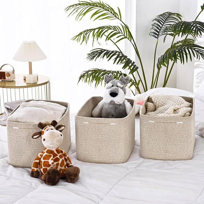 3-Pack Shelf Baskets for Organizing, Woven Storage Basket for Shelves, Cotton