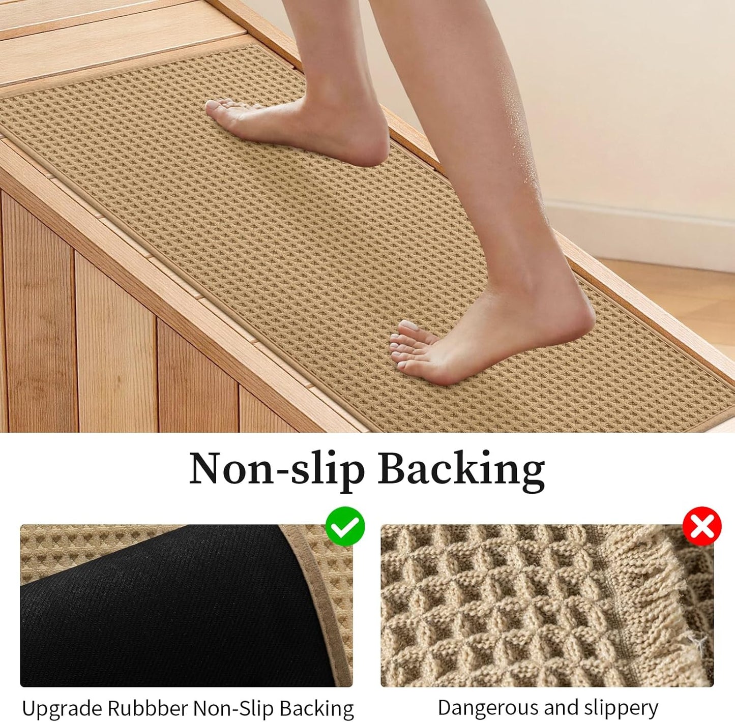 YIHOUSE Waffle Ultra Thin Small Bath Mat, Soft & Absorbent Bathroom Rug, Non-Slip Rubber Backed, Quick Dry Shower Mat, Boho Farmhouse Bathroom Decor, Machine Washable, Khaki, 17 * 24