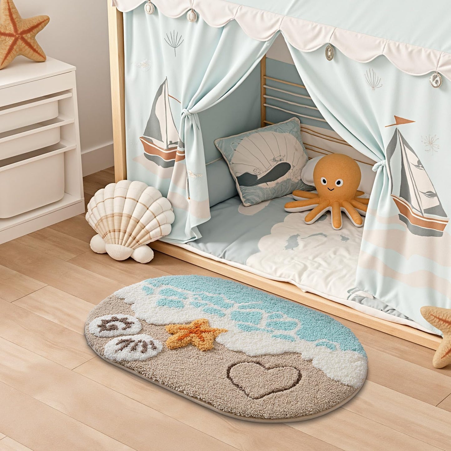 LUMI Soft and Absorbent Beach Bathroom Rug, Non-Slip Backing, Ideal for Bathroom, Kitchen and Entryway Decor, Sea Beach Starfish Shell Bath Decor, Blue, 22"x34"
