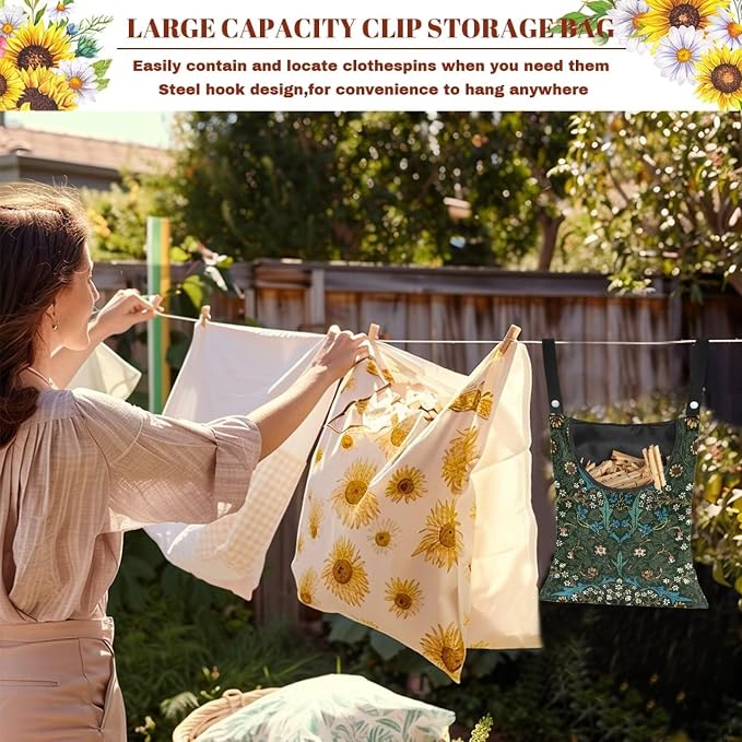 Vintage Scabious Leaf Print Reinforced Clothespin Holder Bag 14.5x12in - Image 5