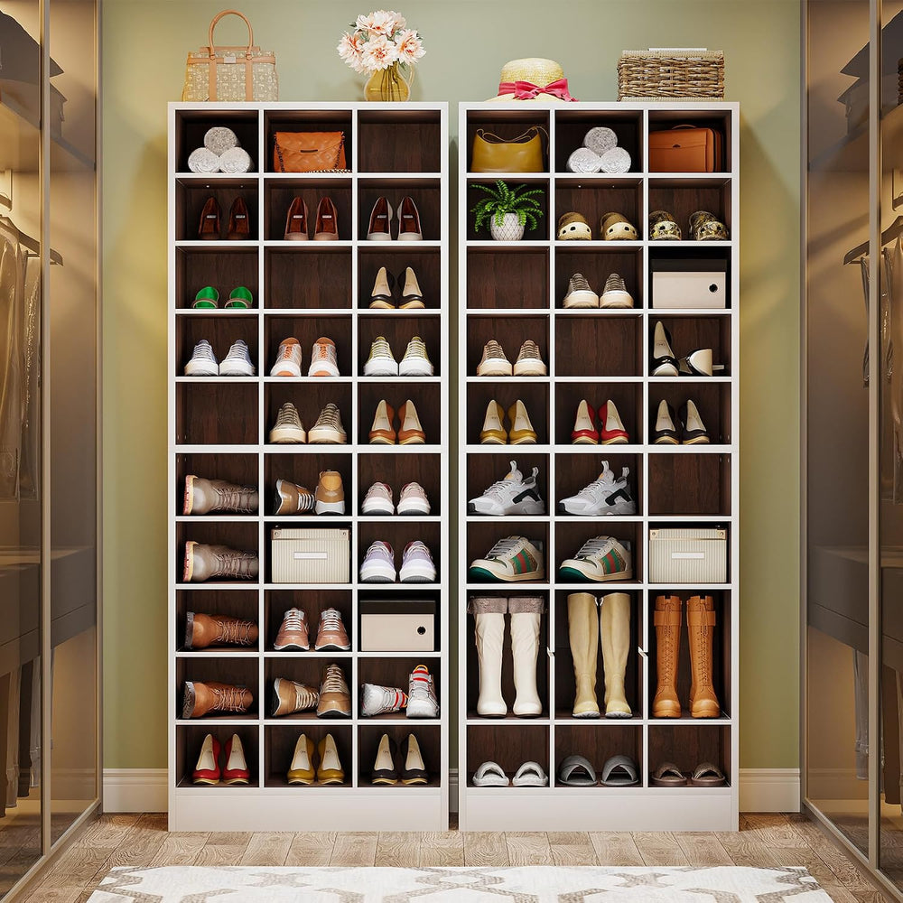 Tribesigns 10-Tier Shoe Storage Cabinet Set of 2, White and Brown Wooden Shoe...