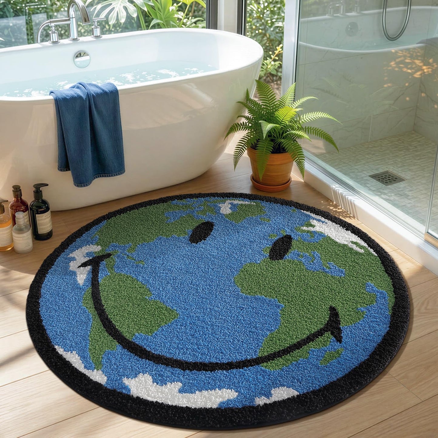 LUMI 5ft Round High Pile Smile Earth Globe Bathroom Rugs Non Slip, Absorbent Ultra Soft Microfiber Moss Circle Bath Mat, Washable Area Rug for Shower, Sink, Living Room, Kids Room and Nursery Room