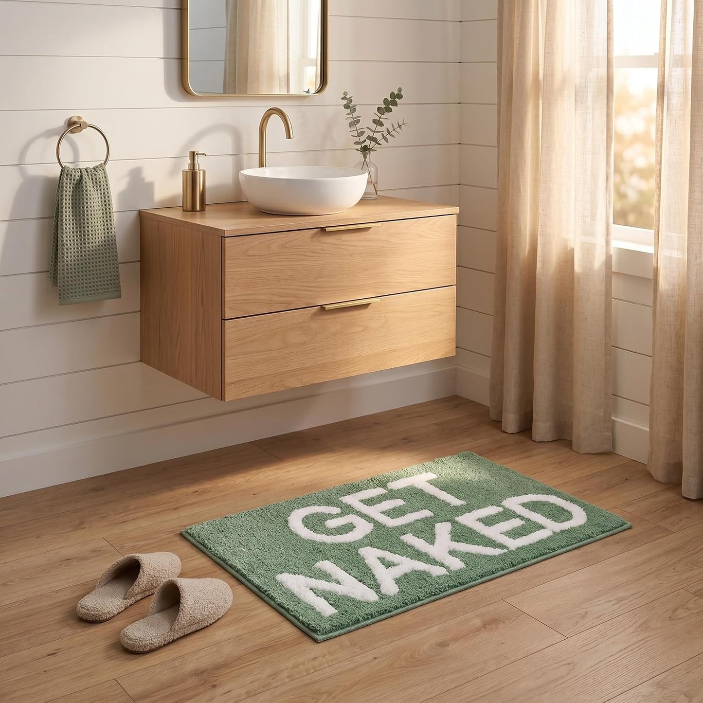 Sage Green Get Naked Bath Mat 16"x24",Boho Bathroom Rug Decor | Boho Bathroom Rug Decor,Cute Minimalist Bath Rug,0.7" Thick Soft Microfiber Shower Mat,Non-Slip TPR Backing,Machine washable.