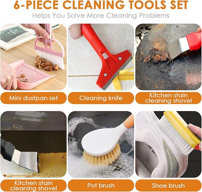 Broom and Dustpan Set with Long Handle and 6 Bonus Cleaning Tools, Upright - Image 3