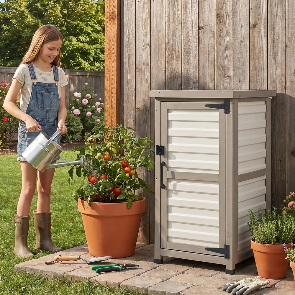 Small Outdoor Storage Cabinet with Waterproof Metal Top, White Wood & Pla...