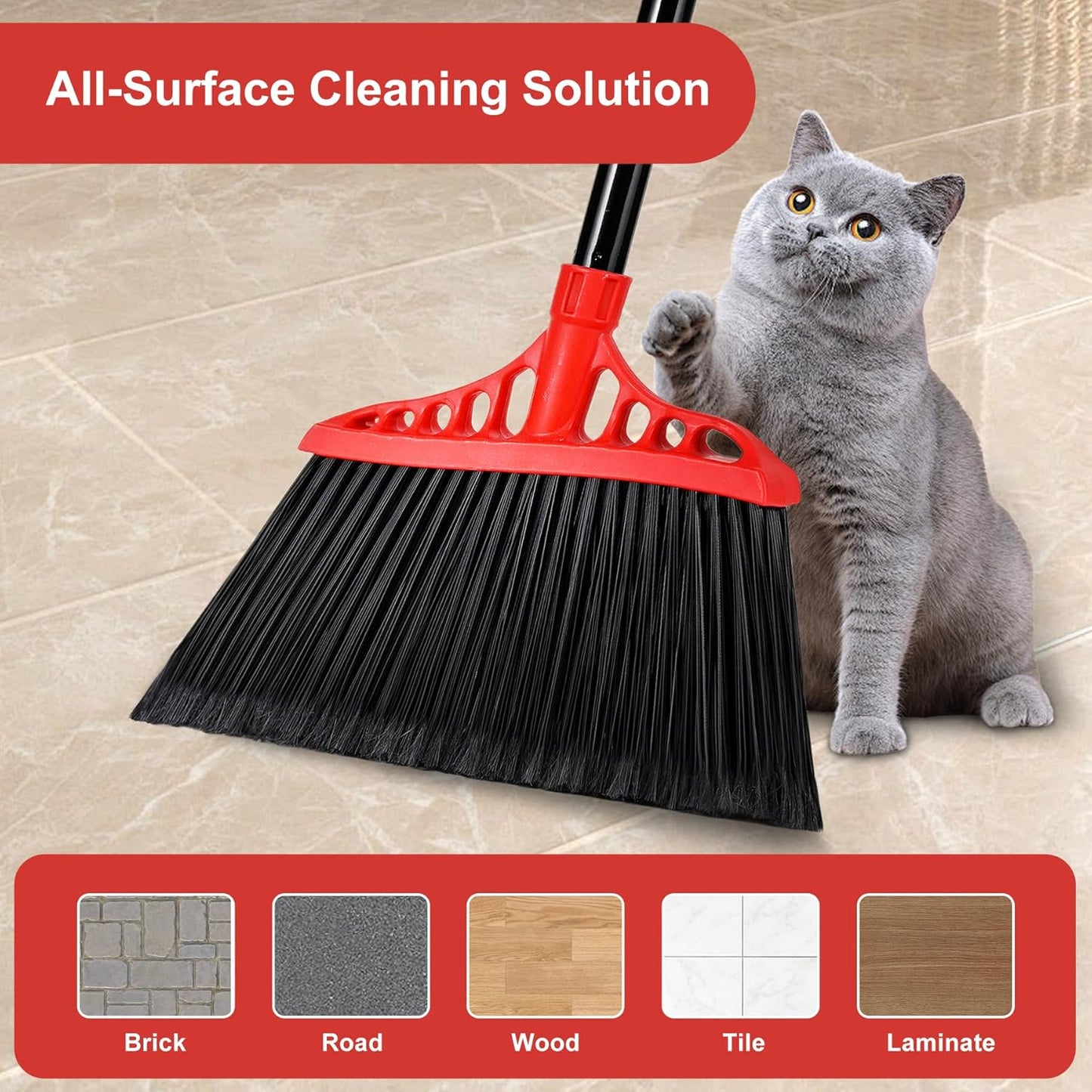 Tiumso Heavy Duty Angle Broom - 55" Adjustable Iron Handle with Stiff Bristles - Commercial-Grade Indoor/Outdoor Broom for Garage, Patio, Kitchen, Sidewalk & Concrete Cleaning (Black & Red)