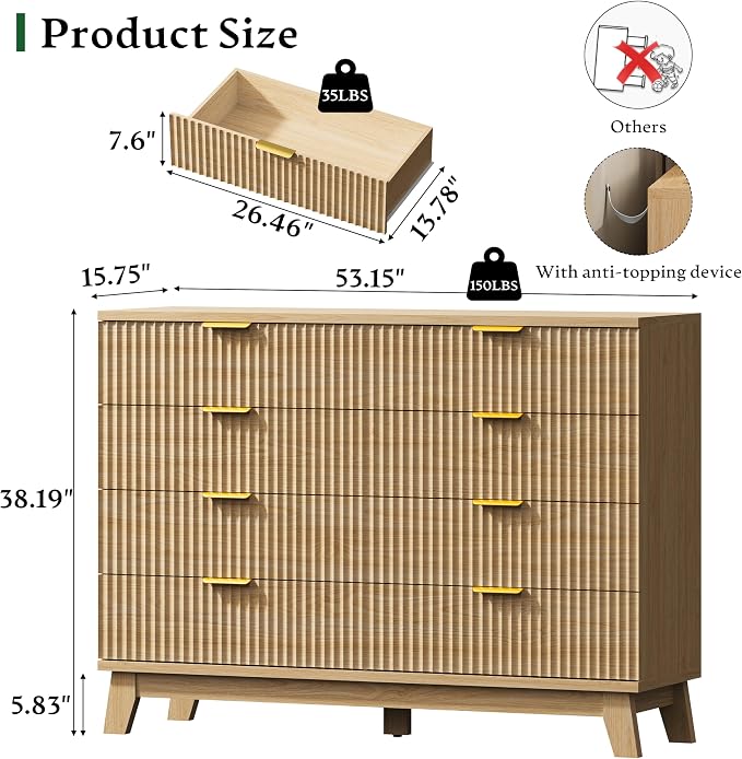 Fluted Dresser with 8 Drawers, Wooden Dresser TV Stand, Wood Closet Clothes - Image 2
