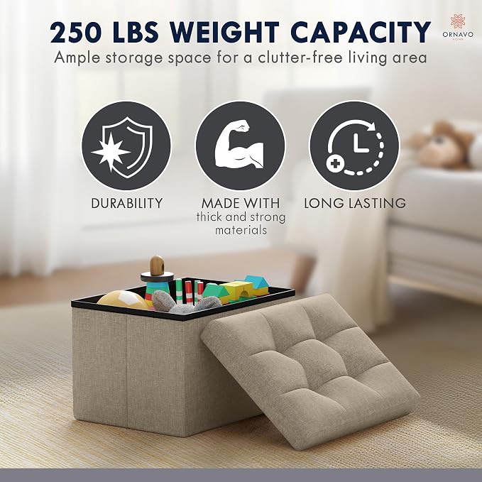 Ornavo Home Small Storage Ottoman, Foldable Collapsible Rectangle Linen Ottoman - Image 8